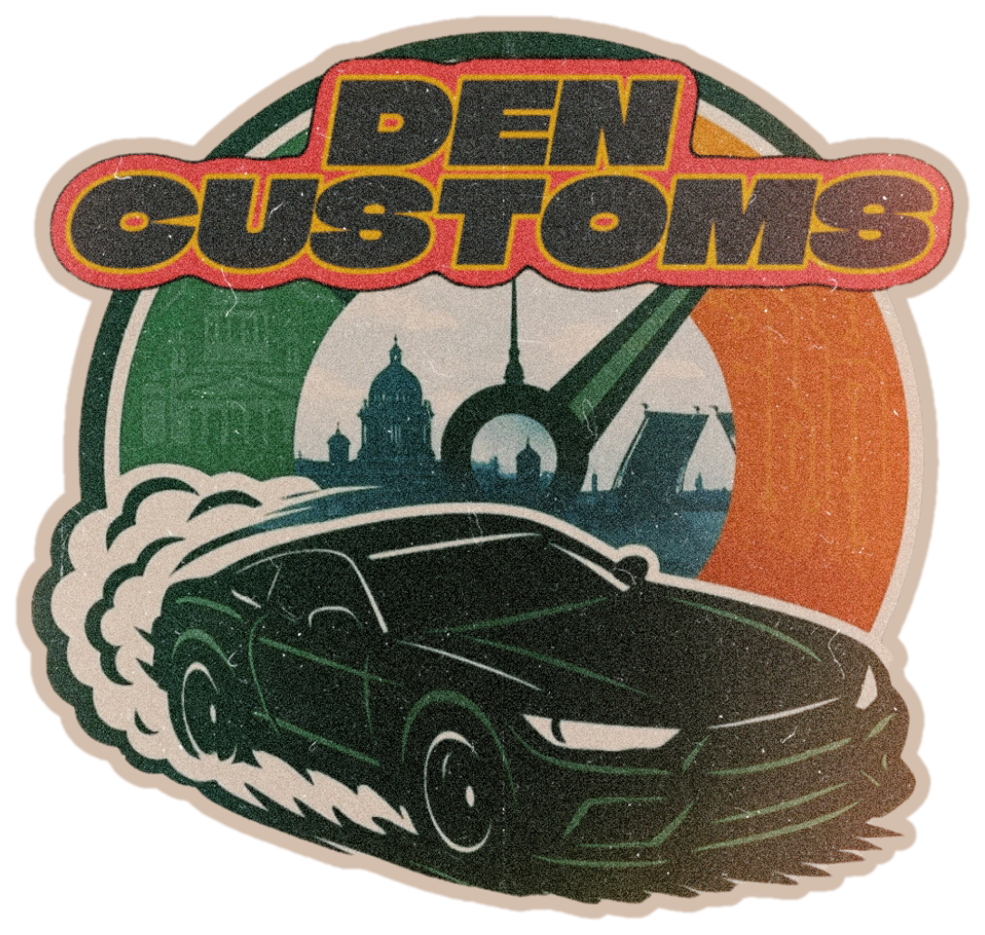 Логотип Den Customs: автомобиль на фоне Санкт-Петербурга